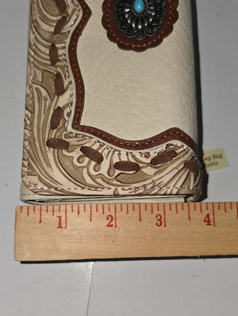 Cream and Brown Tooled Western Wallet with Turquoise Concho - Picture 10 of 10